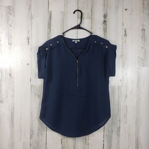 M.P.H sheer navy blue top with zipper detail women's size medium